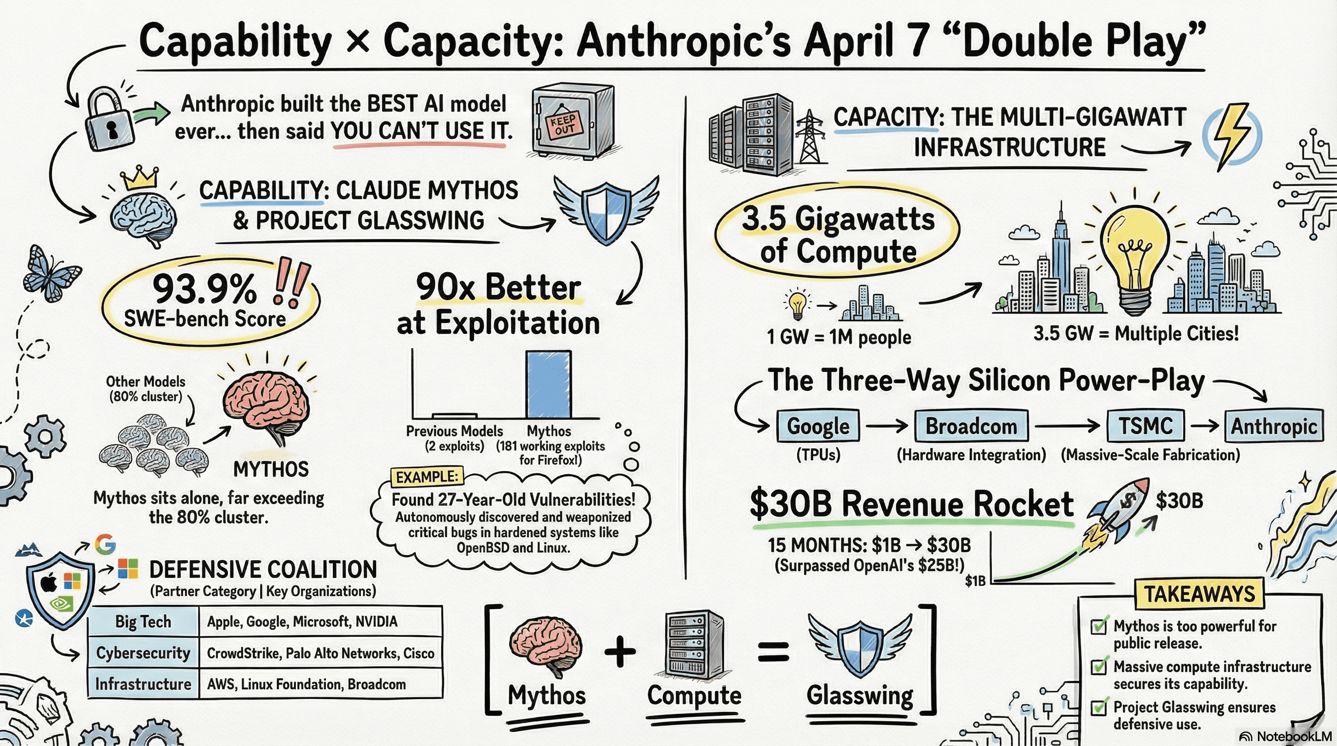 Capability × Capacity: Anthropic's April 7 Double Play  -  sketch-style infographic showing Claude Mythos at 93.9% SWE-bench, 90x better at exploitation, the defensive coalition, 3.5 gigawatts of compute, and the $30B revenue rocket.