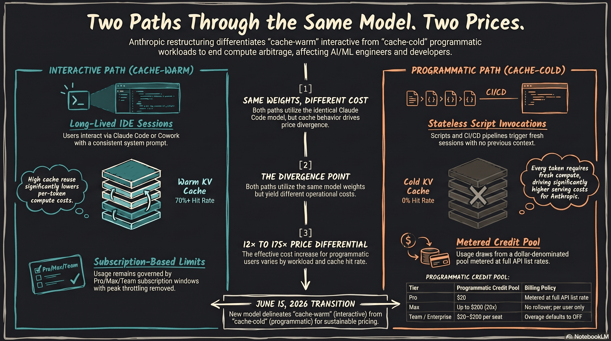 Two Paths Through the Same Model. Two Prices. Interactive path (cache-warm): long-lived IDE sessions, consistent system prompts, warm KV cache with 70%+ hit rate, subscription-based limits. Programmatic path (cache-cold): stateless script invocations, fresh sessions with no prior context, cold KV cache with 0% hit rate, metered credit pool at full API list rates. June 15, 2026 transition delineates cache-warm interactive from cache-cold programmatic for sustainable pricing.