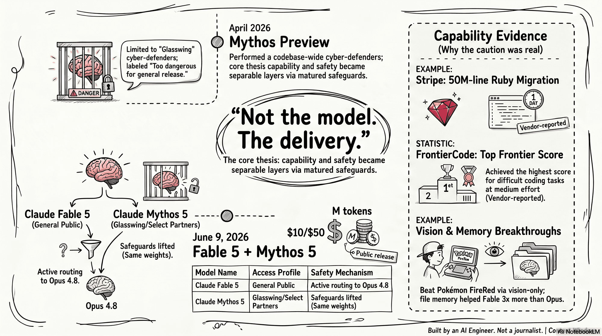 Not the model. The delivery.  -  sketch-style infographic showing the April Mythos Preview, the June 9 Fable 5 + Mythos 5 release with same weights, the routing to Opus 4.8, $10/$50 pricing, and capability evidence including Stripe's 50M-line Ruby migration and FrontierCode.
