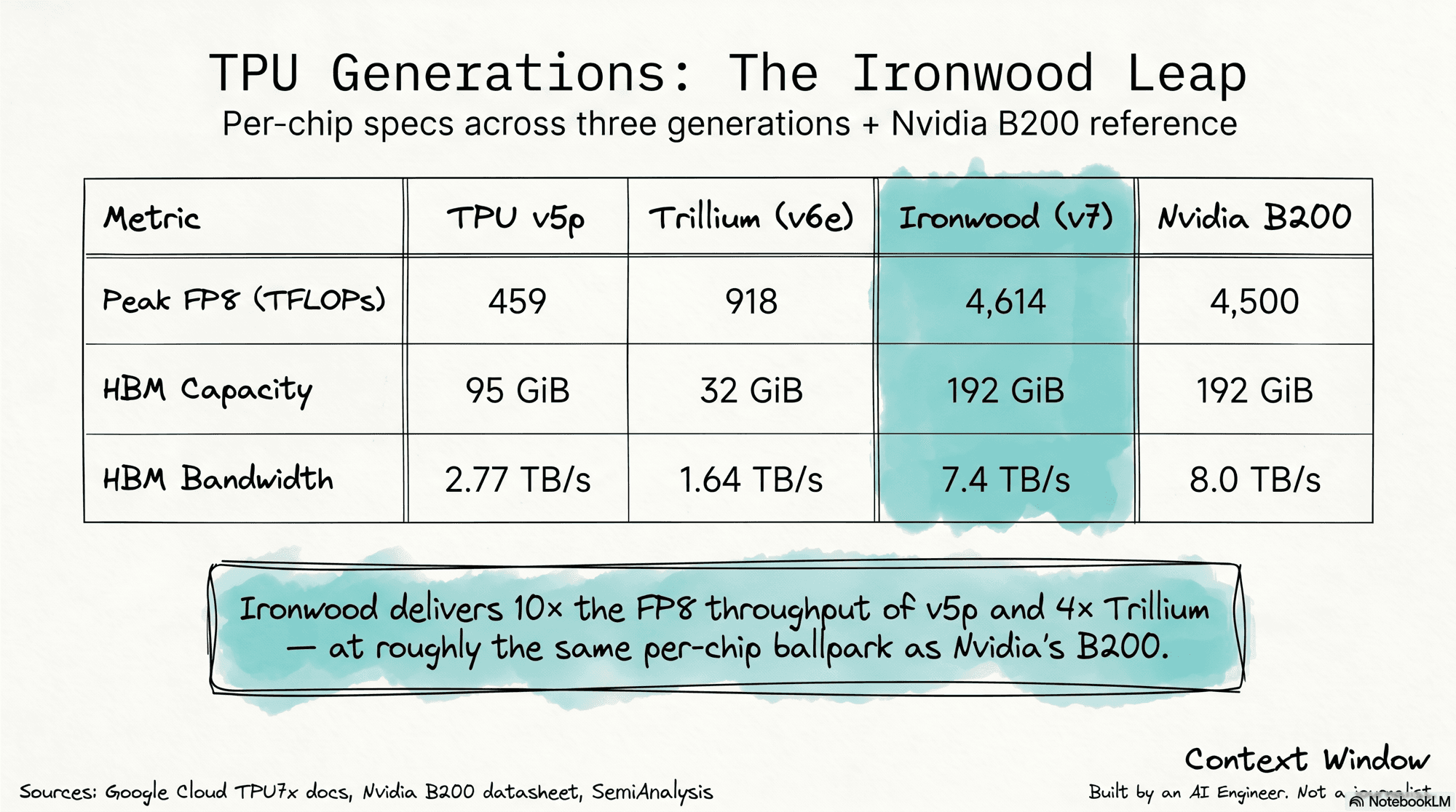 TPU Generations: The Ironwood Leap. Per-chip specs comparing TPU v5p, Trillium (v6e), Ironwood (v7), and Nvidia B200. Ironwood delivers 10x the FP8 throughput of v5p and 4x Trillium, at roughly the same per-chip ballpark as Nvidia's B200.