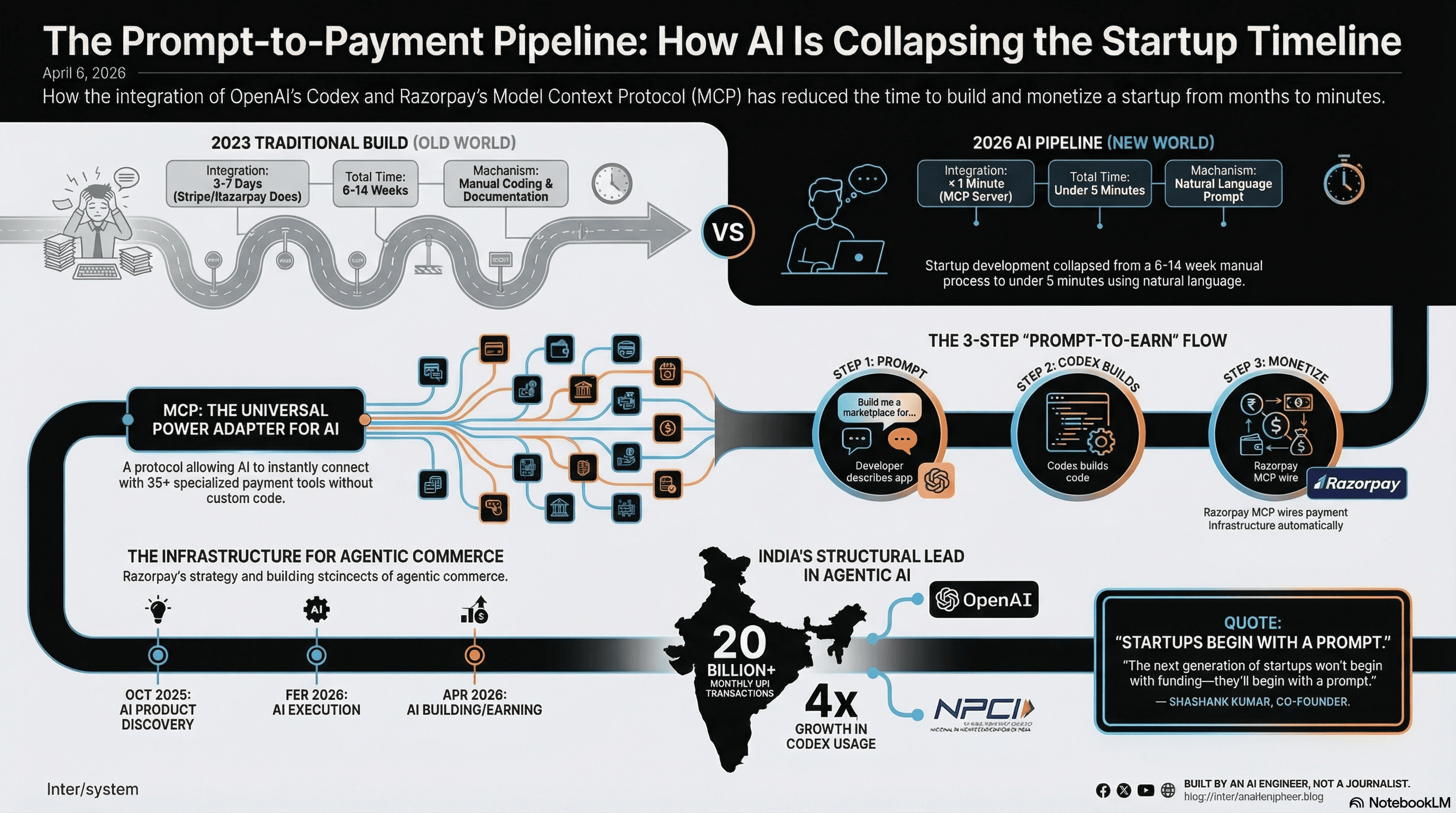 The Prompt-to-Payment Pipeline: How AI Is Collapsing the Startup Timeline  -  2023 traditional build (6-14 weeks) vs 2026 AI pipeline (under 5 minutes), three-phase strategy, and India's structural lead.