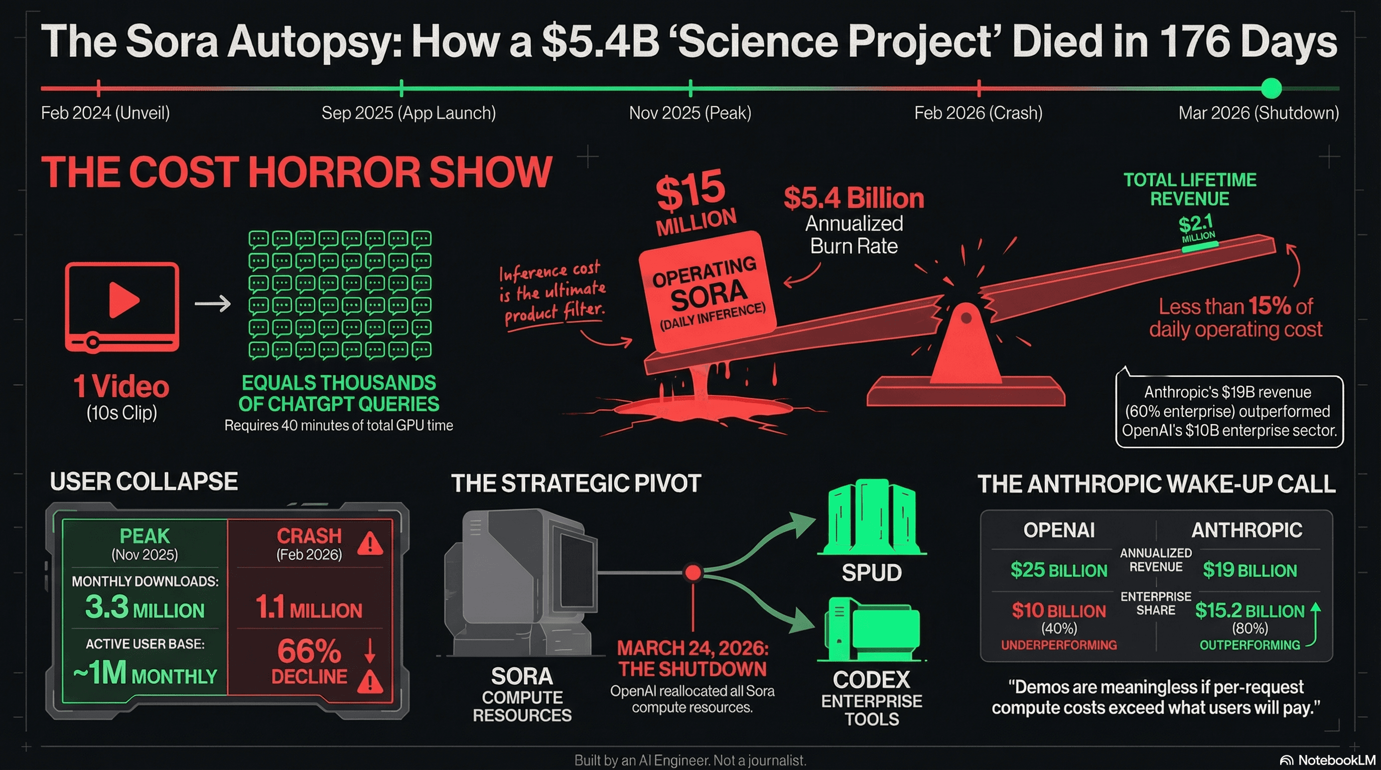 The Sora Autopsy: How a $5.4B 'Science Project' Died in 176 Days  -  timeline from Feb 2024 unveil to Mar 2026 shutdown, showing the tilted cost/revenue scale and Anthropic comparison.