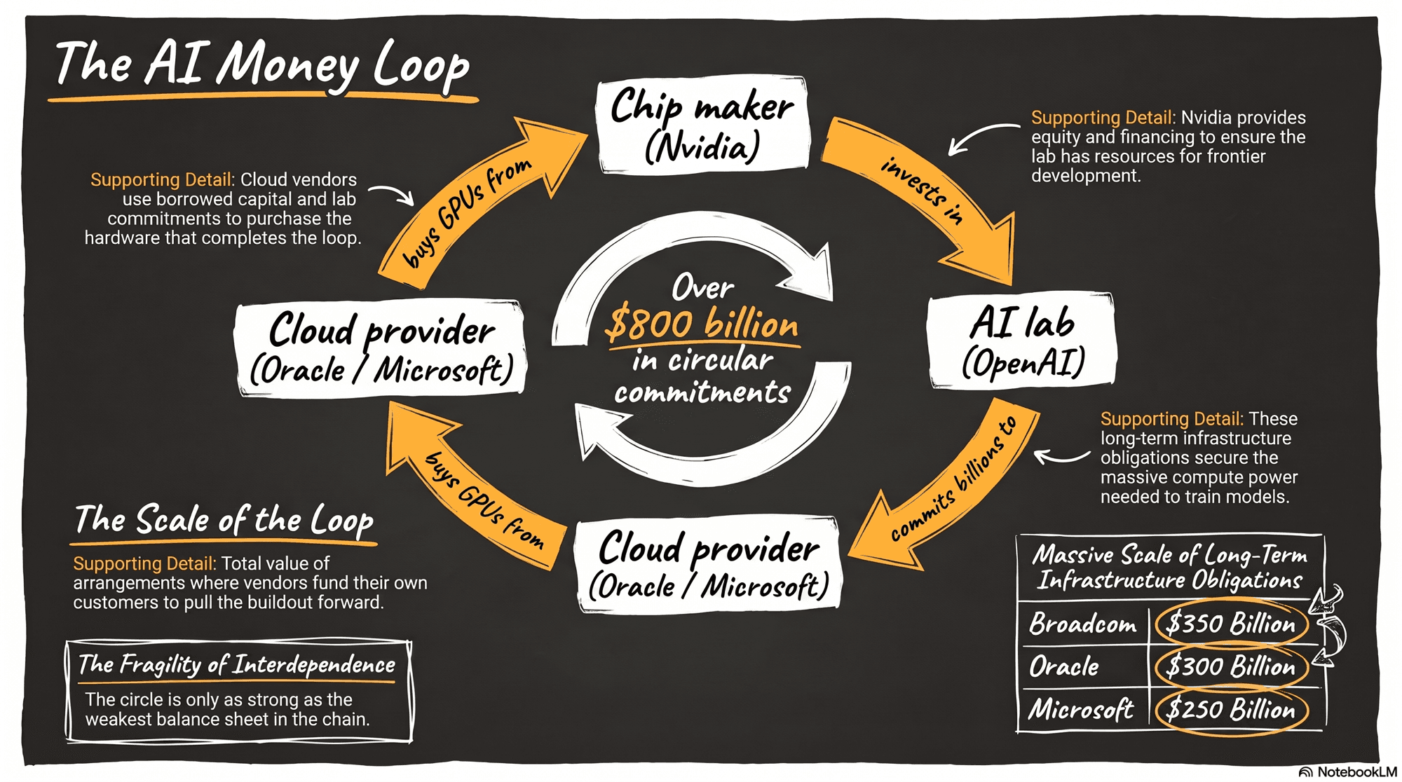 The AI Money Loop — sketch-style infographic showing the circular flow between a chip maker (Nvidia), an AI lab (OpenAI), and cloud providers (Oracle / Microsoft), with over $800 billion in circular commitments at the center and a breakdown of long-term infrastructure obligations.