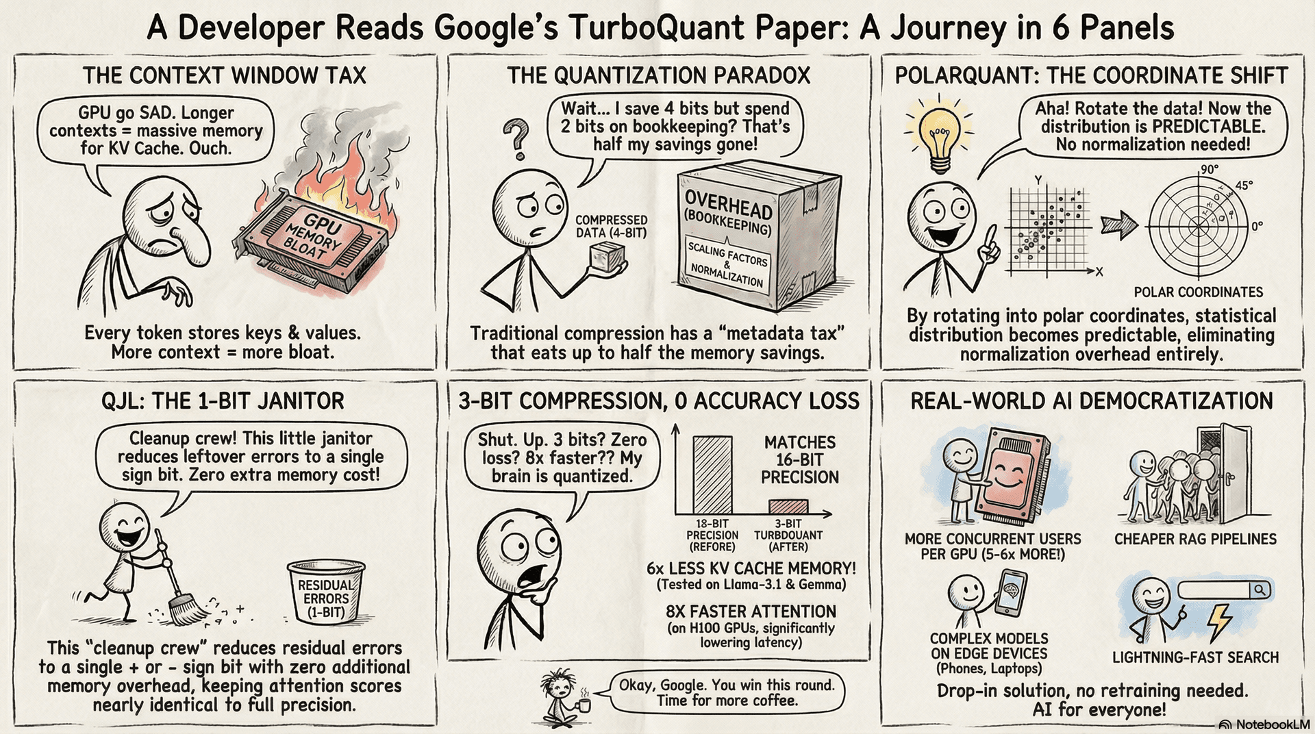 A Developer Reads Google's TurboQuant Paper: A Journey in 6 Panels  -  stick-figure comic showing the arc from GPU memory pain to 3-bit zero-accuracy-loss breakthrough.